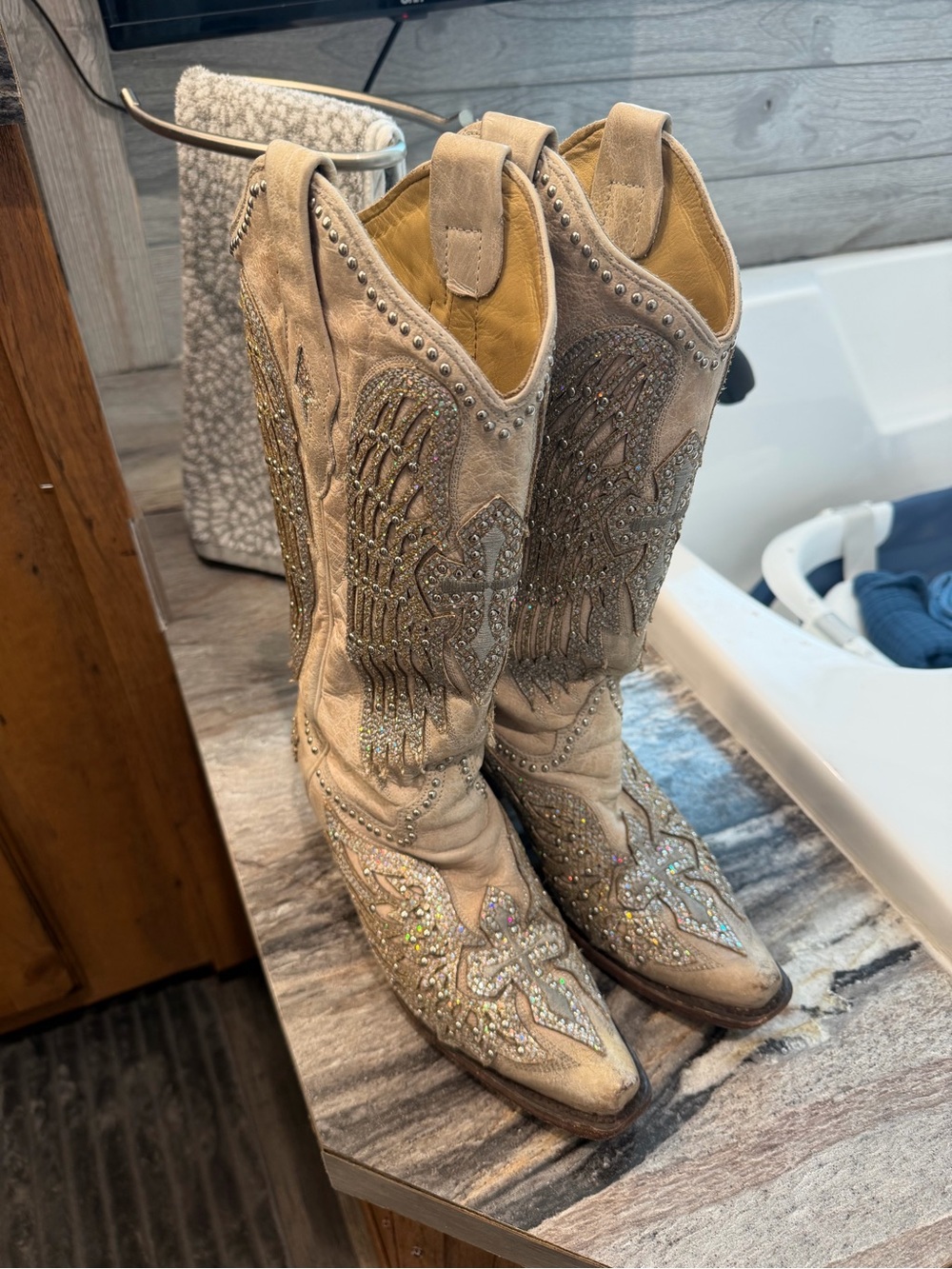 Beige Women's Embellished Western Heeled Boots with Crystal Detail